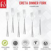 FnS Creta dinner fork set marketing image showing six forks with feature icons below